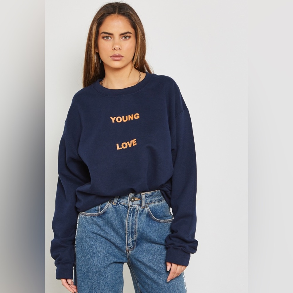 The Ragged Priest Young Love Slogan Crew Neck Sweatshirt Navy Size Small